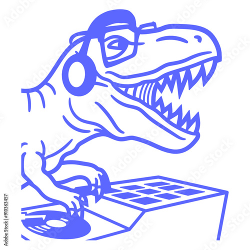 Music Party DJ Dinosaur T. Rex Dino Roar Vinyl Turntable Mixer Glasses Headphone Animal Comic Cartoon Funny Techno Sound Dance Fun Time Deejay Love Cool Loud Club Disco Festival Concert Partying Lover