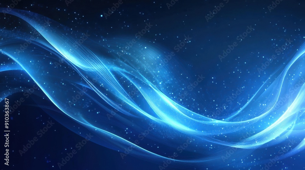 An abstract blue background with flowing waves and light effects ...