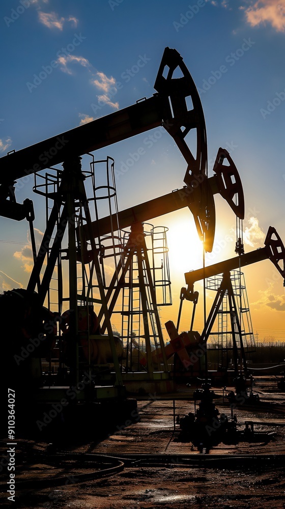 Naklejka premium Silhouette of oil pump jacks at sunset in an oil field, depicting energy production and extraction