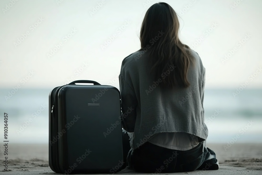Fototapeta premium A woman sitting on the beach with her suitcase, looking out at the sea.
