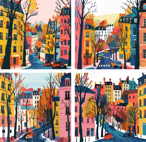 Urban streets cartoon vector concepts. European old town rooftops trees windows autumn picturesque charming french cityscape architecture buildings artistic illustrations