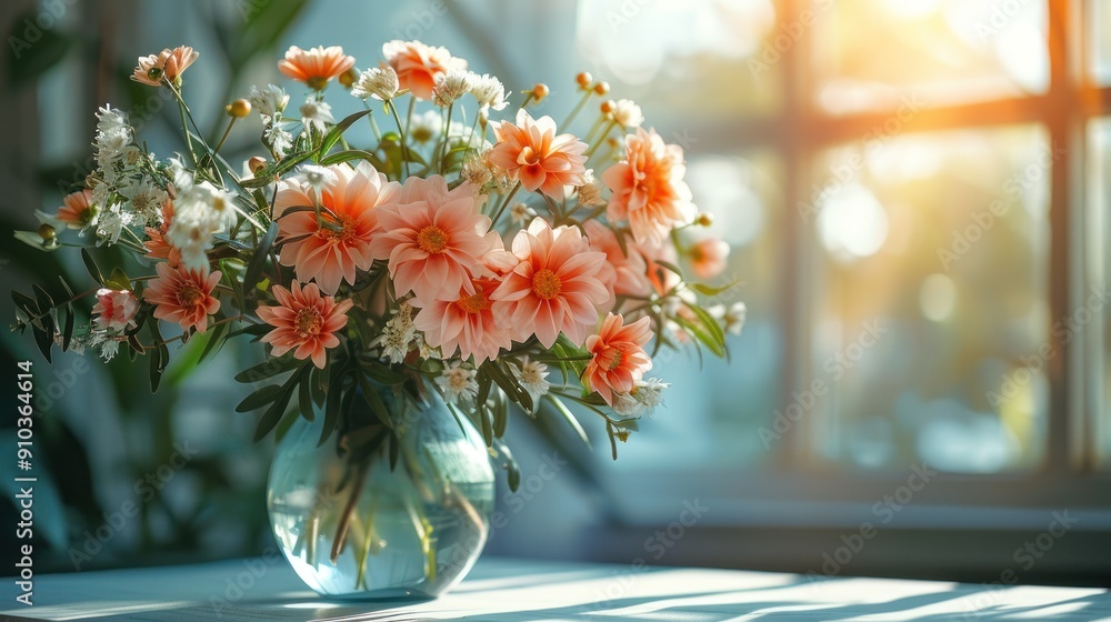 A Bouquet of Peach Flowers in a Vase by a Window A Bouquet of Peach Flowers in a Vase by a Window