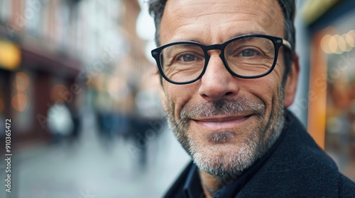 A close-up portrait of a smiling smart mature middle-aged man, a businessman wearing fashionable glasses and looking at the camera on a street background with a copy space. photo