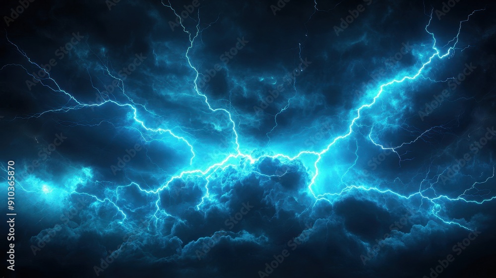 Blue glowing lightning bolts striking against a dark stormy sky. Blue glowing lightning bolts striking against a dark stormy sky.
