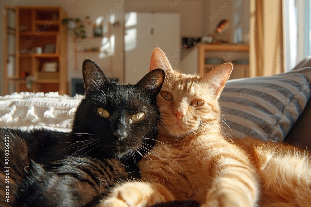 Naklejka premium Cute grey and ginger cats making selfie photo