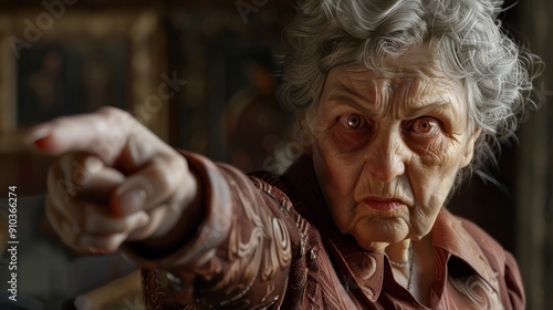 A grandmother pointing with an angry face