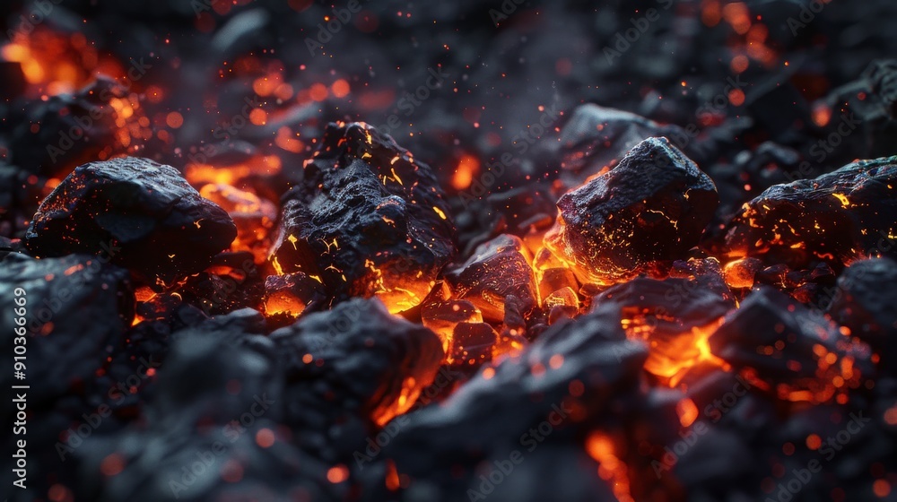 Fiery lava flows between dark rocks, illuminating the volcanic ground at dusk Fiery lava flows between dark rocks, illuminating the volcanic ground at dusk