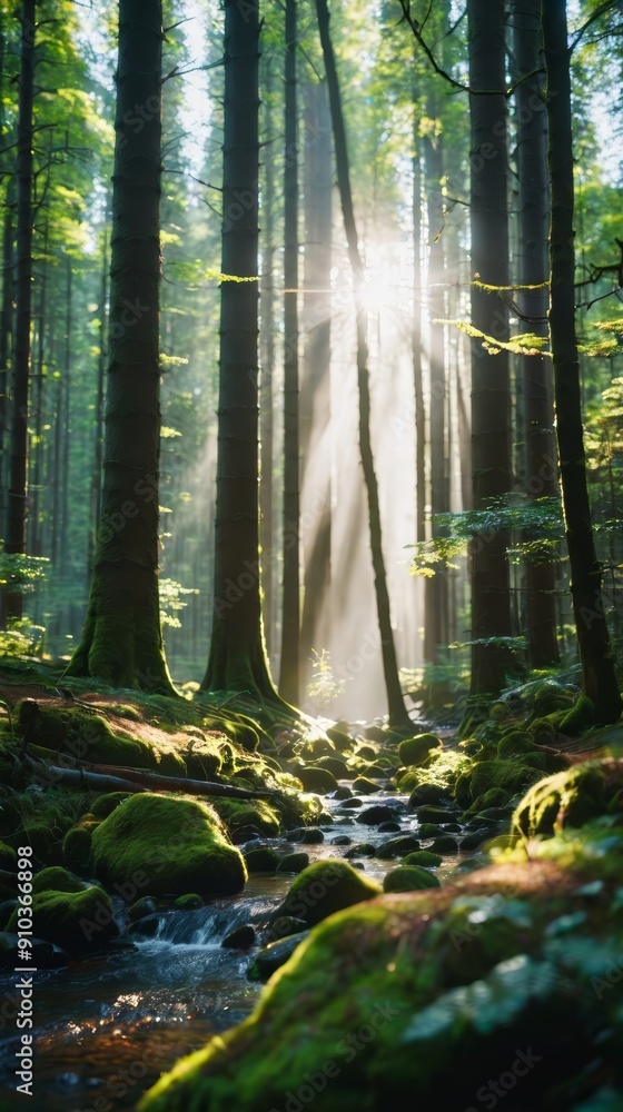 Obraz premium Stream Flowing Through Lush Green Forest