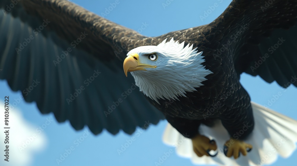 Fototapeta premium A bald eagle soaring through the clear blue sky