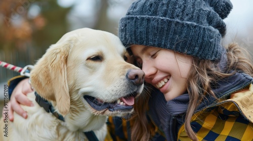 A person with a cognitive disability smiling while volunteering at an animal shelter photo