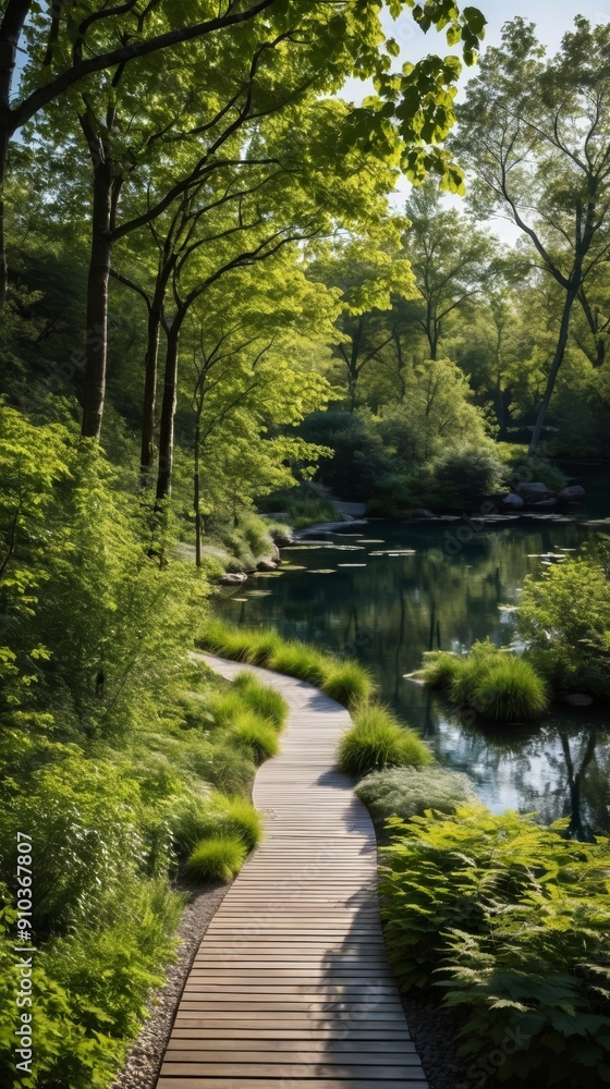 Fototapeta premium Wooden Path Cutting Through Lush Green Forest