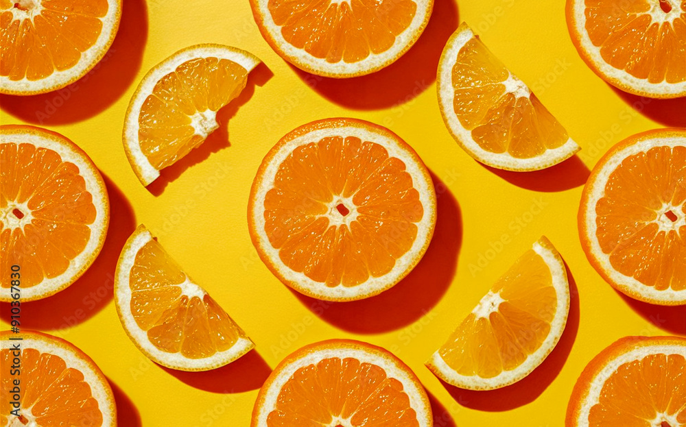Orange slice pattern on a yellow background. Top view Orange slice pattern on a yellow background. Top view
