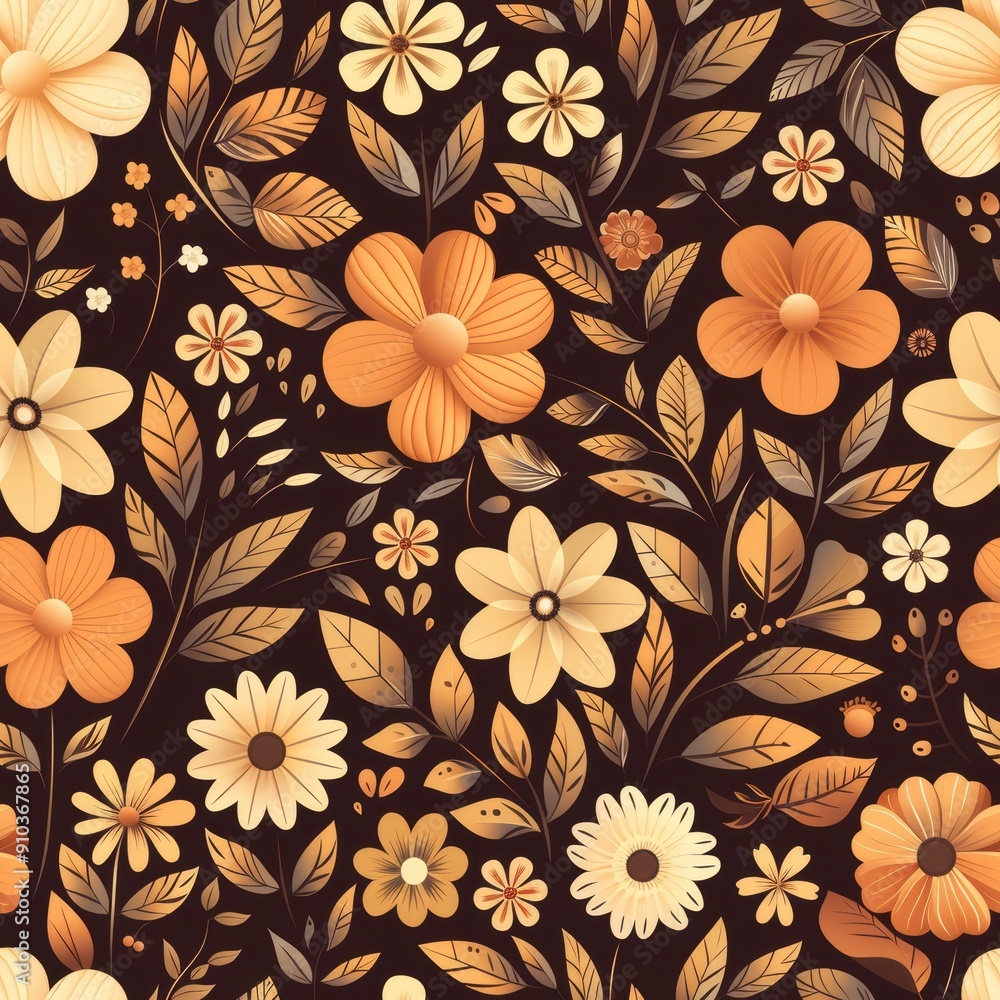 Floral Pattern Vector Art in Earthy Tones on Dark Background Floral Pattern Vector Art in Earthy Tones on Dark Background