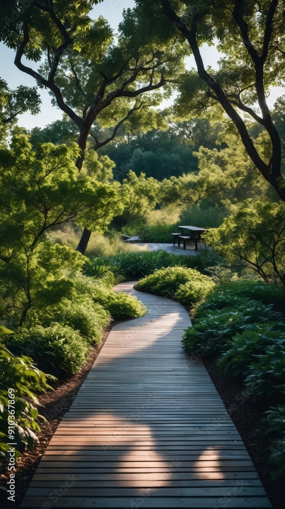 Fototapeta premium Wooden Path Through Lush Green Forest