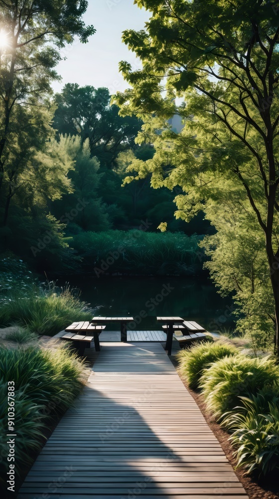 Wooden Walkway Leading to Park With Benches Wooden Walkway Leading to Park With Benches