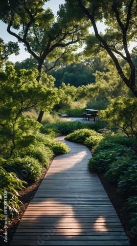 Wooden Path Through Lush Green Forest