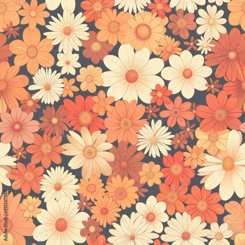 Wallpaper Mural Floral Pattern Vector Art With Vibrant Orange and Cream Flowers on Dark Background Torontodigital.ca