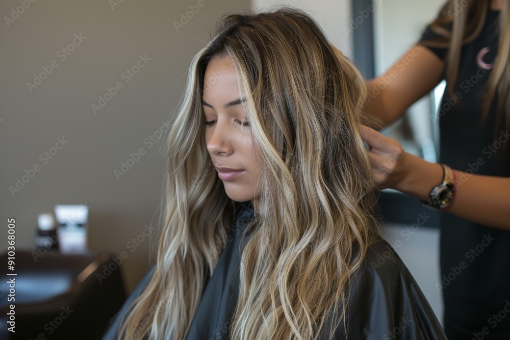 © BajimBa - A woman in a beauty salon whose experienced stylist styles her hair in a fashionable and stylish long wavy ombre with highlights © BajimBa - A woman in a beauty salon whose experienced stylist styles her hair in a fashionable and stylish long wavy ombre with highlights