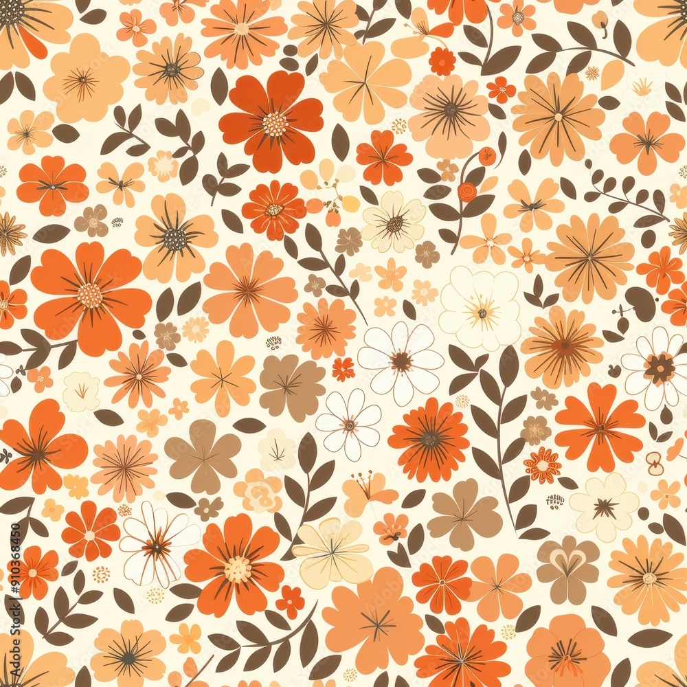 Vibrant Floral Pattern With Orange and Beige Elements on Light Background Vibrant Floral Pattern With Orange and Beige Elements on Light Background