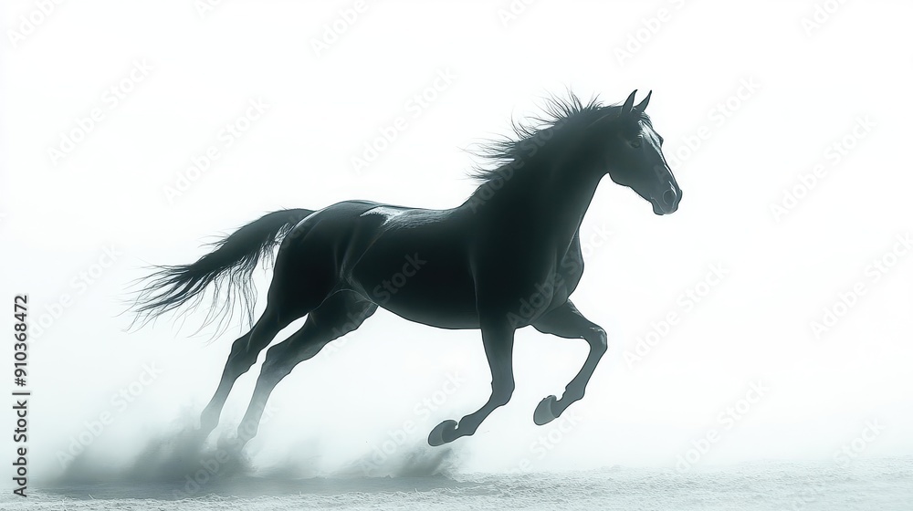 dramatic silhouette of galloping horse against stark white background motion blur and elongated shadow creating sense of speed and power dramatic silhouette of galloping horse against stark white background motion blur and elongated shadow creating sense of speed and power