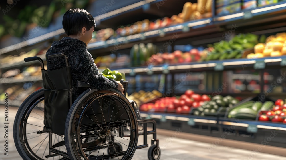 Obraz premium A young person in a modern wheelchair selects produce in a grocery store.