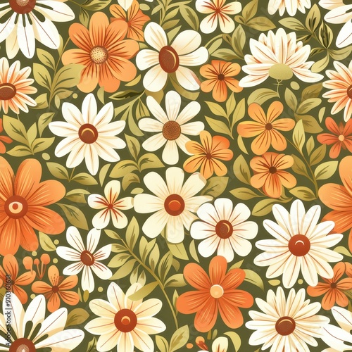 Wallpaper Mural Vibrant Floral Pattern in Orange and White on Green Background Torontodigital.ca