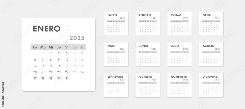 Black and white monthly calendar 2025 on Spanish language. Week starts on Monday. Desk or wall calendar in minimalist style Black and white monthly calendar 2025 on Spanish language. Week starts on Monday. Desk or wall calendar in minimalist style