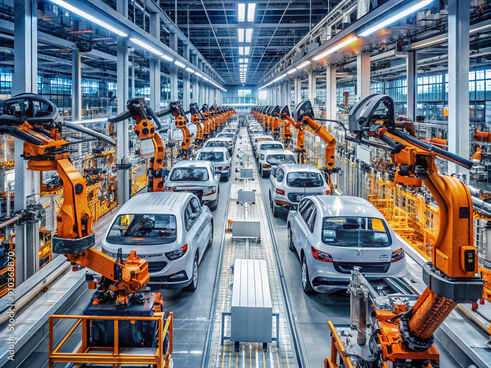 Modern car factory interior with robotic arms assembling vehicles on an automated production line, showcasing cutting-edge technology and innovative manufacturing techniques. Modern car factory interior with robotic arms assembling vehicles on an automated production line, showcasing cutting-edge technology and innovative manufacturing techniques.