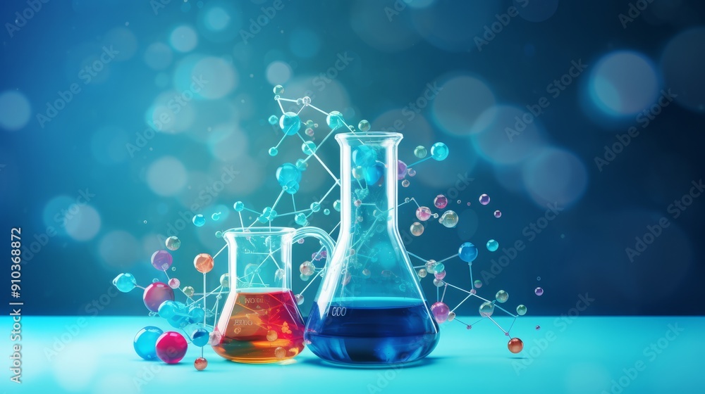 Innovative science education for kids: chemistry experiment with beaker and molecular models on blue background, featuring dna helix and atom structures, clipping path included, 3d illustration Innovative science education for kids: chemistry experiment with beaker and molecular models on blue background, featuring dna helix and atom structures, clipping path included, 3d illustration
