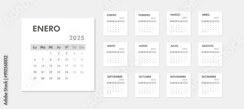 Black and white monthly calendar 2025 on Spanish language. Week starts on Monday. Desk or wall calendar in minimalist style