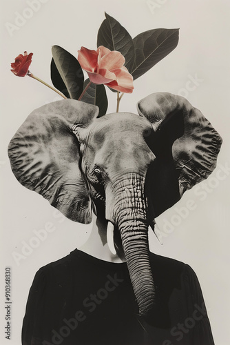 Surreal Elephant Face with Flower Collage. Generative AI image photo