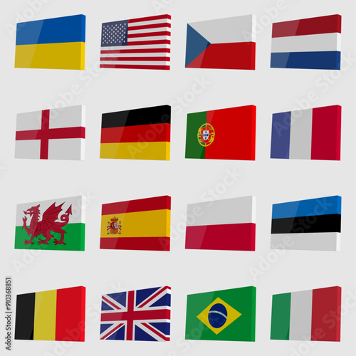 Set of vector 3D flags with highlights