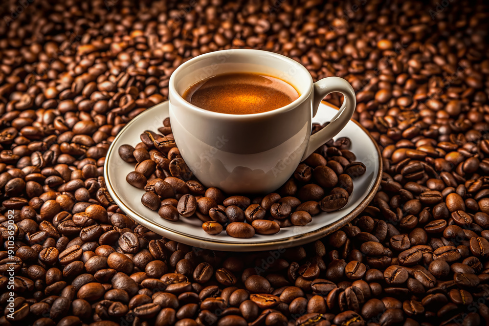 Warm and inviting still life of a white mug and saucer surrounded by an abundance of freshly roasted coffee beans, perfect for coffee shops and restaurants. Warm and inviting still life of a white mug and saucer surrounded by an abundance of freshly roasted coffee beans, perfect for coffee shops and restaurants.