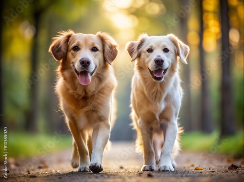 Two Happy Dogs Walking Together on a Path Surrounded by Autumn Trees at Sunset. Generative AI