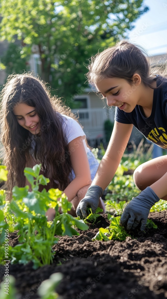 Two young girls enjoying time together while gardening in an outdoor garden on a sunny day. Two young girls enjoying time together while gardening in an outdoor garden on a sunny day.