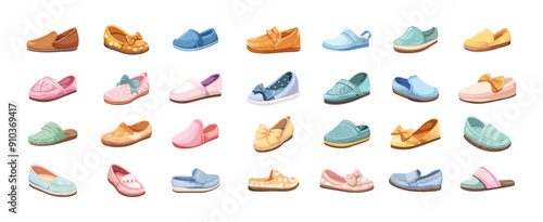 Youth footwear cartoon vector collection. Girl boy child shoes informal ribbons rubber house clogs cozy trendy playful ornamental designs slippers isolated on white backdrop