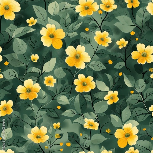 Wallpaper Mural Minimalist Botanical Floral Pattern With Yellow Flowers and Green Leaves Torontodigital.ca