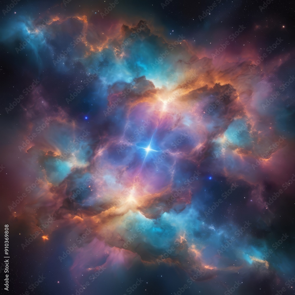 Obraz premium A captivating, galactic glow scene featuring a glowing, iridescent space cloud, reflecting the light of nearby stars and creating a kaleidoscope of colors