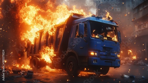 Garbage truck engulfed in flames on a city street