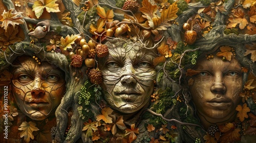 Artistic tree illustration with human faces on leaves and fruits, symbolizing family tree and heritage. photo