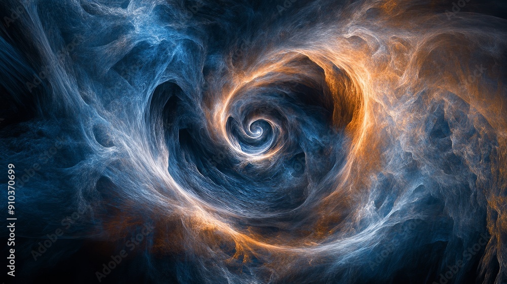 Obraz premium Abstract swirling cloud with blue and orange colors in dark space