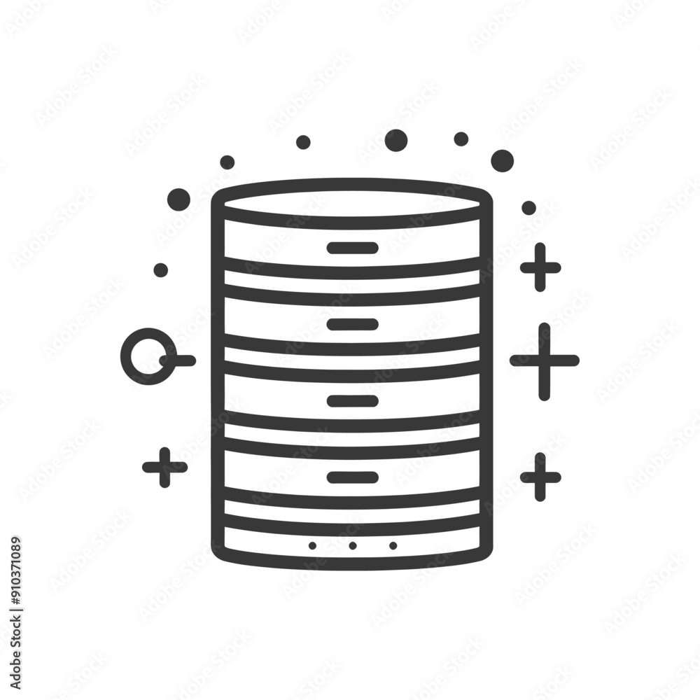 Line Art Icon of Stacked Database Server with Plus and Dotted Circle Symbols Line Art Icon of Stacked Database Server with Plus and Dotted Circle Symbols