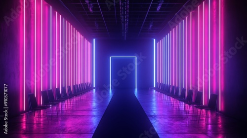 Futuristic hallway with neon lights and glowing doorway