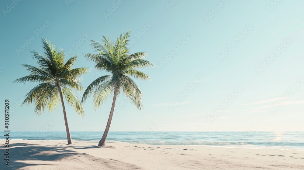 Fototapeta premium Two palm trees standing on a tranquil sandy beach with calm ocean waves under a clear blue sky.