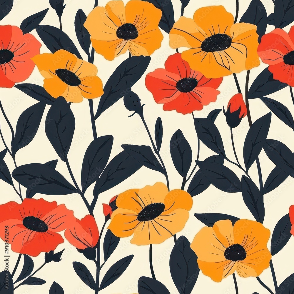 Minimalist Floral Pattern Featuring Bright Orange and Red Flowers on Cream Background Minimalist Floral Pattern Featuring Bright Orange and Red Flowers on Cream Background