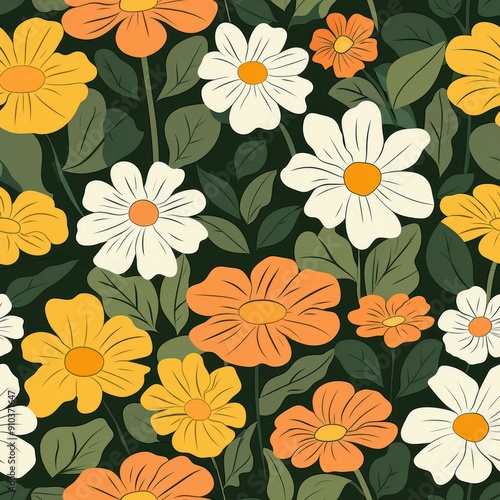 Wallpaper Mural Minimalist Botanical Floral Pattern With Yellow and White Flowers on Dark Green Background Torontodigital.ca