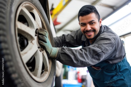 Happy mechanic changing a flat tire on a car Happy Latin American mechanic changing a flat tire on a car at an auto repair shop