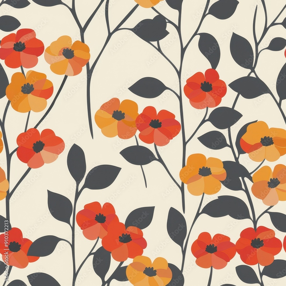 Minimalist Floral Pattern With Red and Orange Flowers on a Cream Background Minimalist Floral Pattern With Red and Orange Flowers on a Cream Background