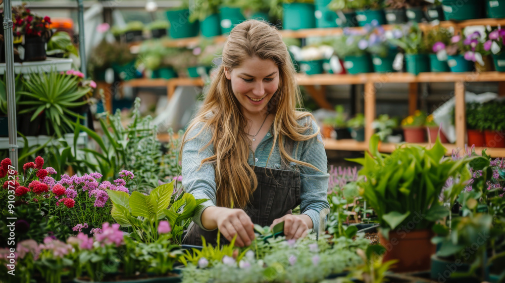 A smiling woman in an apron and casual clothes works in a greenhouse. A young woman takes care of flowers and plants in a garden center. Concept of care, ecology, gardening. A smiling woman in an apron and casual clothes works in a greenhouse. A young woman takes care of flowers and plants in a garden center. Concept of care, ecology, gardening.
