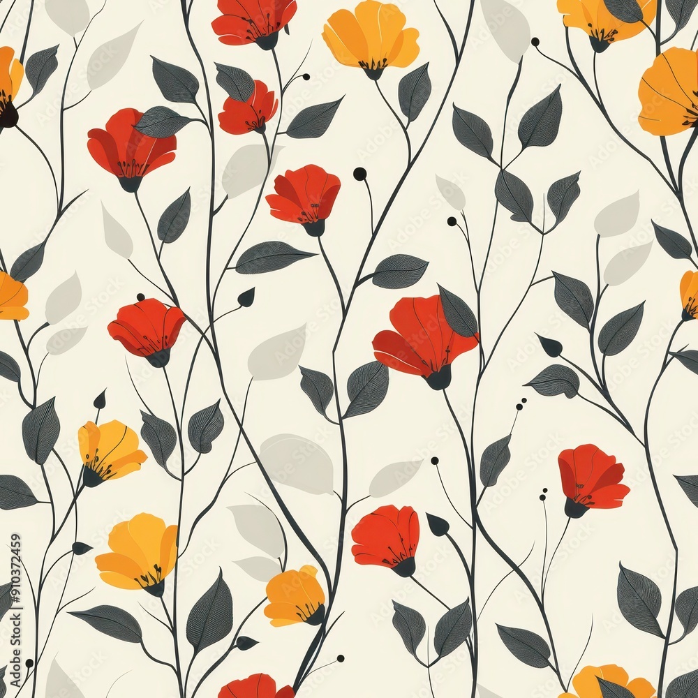 Minimalist Floral Pattern With Red and Yellow Blooms on Light Background Minimalist Floral Pattern With Red and Yellow Blooms on Light Background